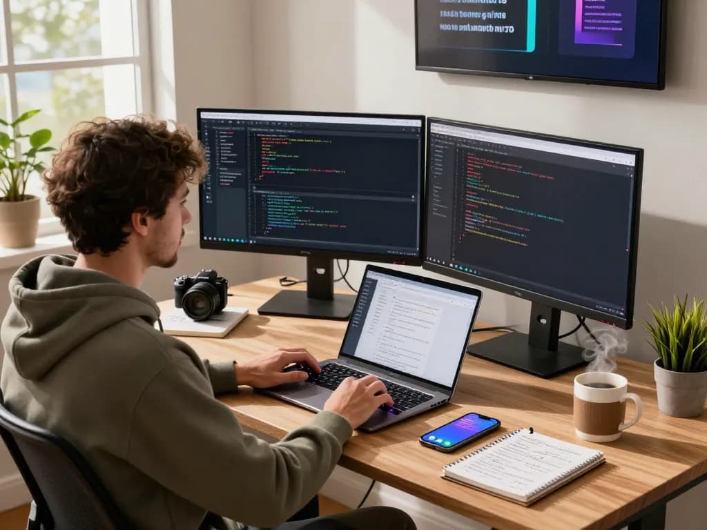 Molt bot in a modern software development workspace with dual monitors and ambient light showcasing productivity and innovation.