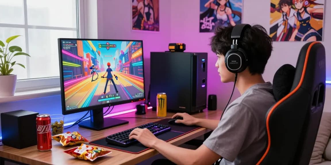 Engaged gamer playing hentai games online with vibrant anime visuals in a cozy gaming setup.
