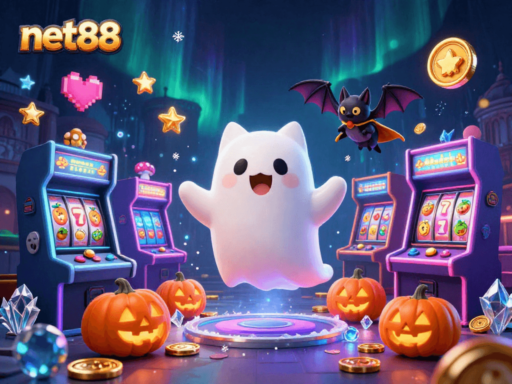 Join the net88 adventure with a playful ghost cat and bat in a haunted casino scene.