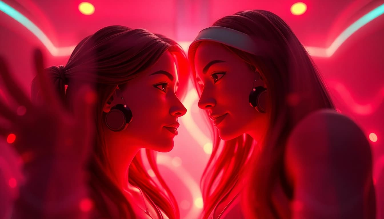 Engaging scene showcasing sex chat ai avatars in intimate conversation, illuminated by warm tones and ambient lighting.