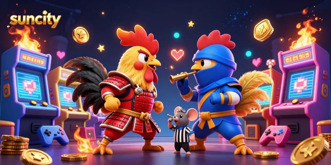 Suncity challenges players with a dramatic standoff of cartoon roosters and vibrant casino elements.