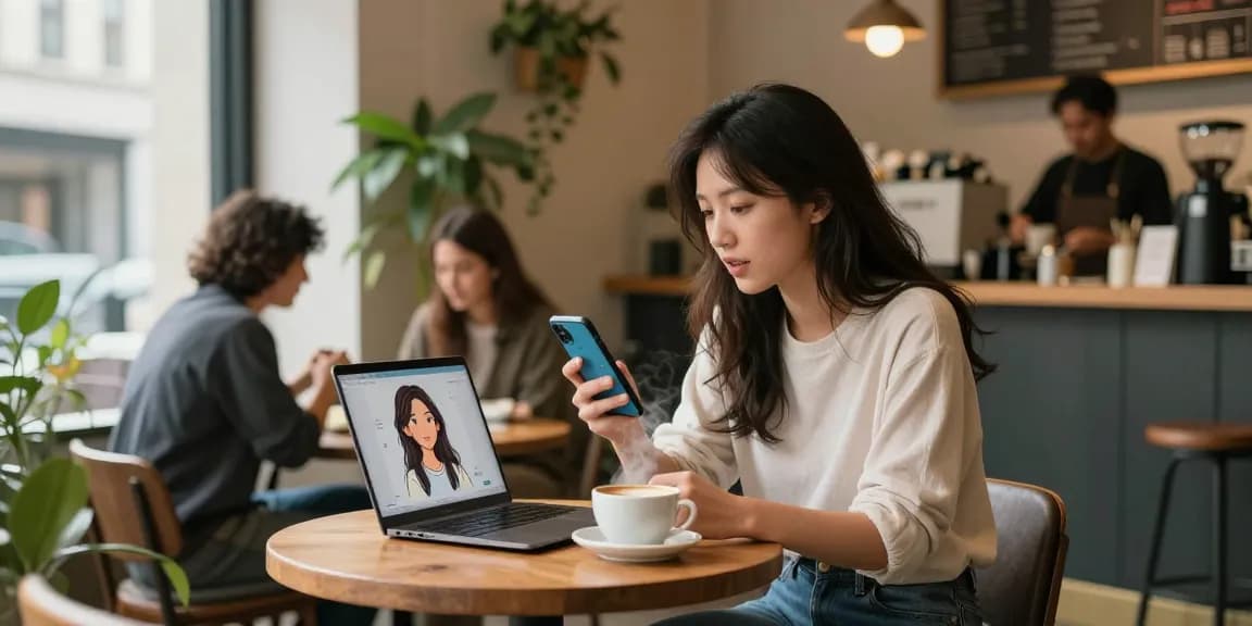 Young woman chatting with her AI girlfriend app in a cozy coffee shop.