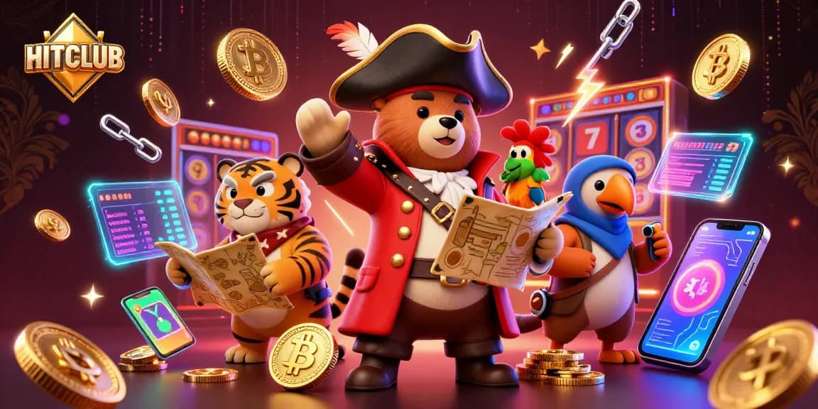 Engage with HITCLUB through a vibrant casino scene featuring a pirate bear and tiger amidst crypto treasures.