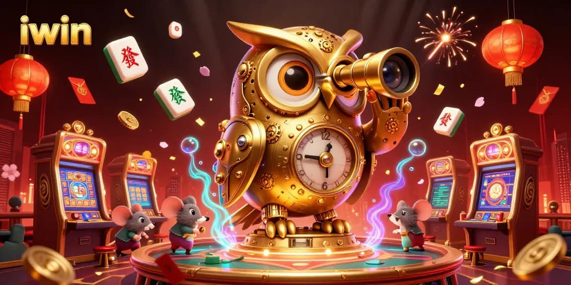 Engage with iwin as the 3D owl oversees a bustling casino filled with colorful game elements.