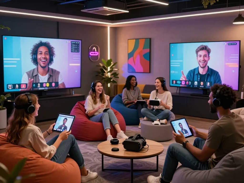 Dynamic scene of diverse users engaging in ai porn chat within a cozy virtual lounge environment.