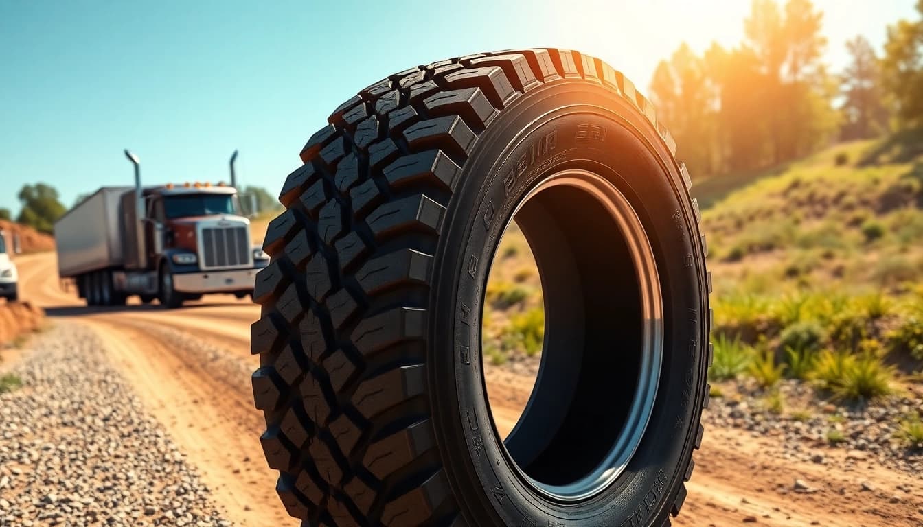 Double Coin RR99 tire in rugged terrain, showcasing durability and mixed-service capability.
