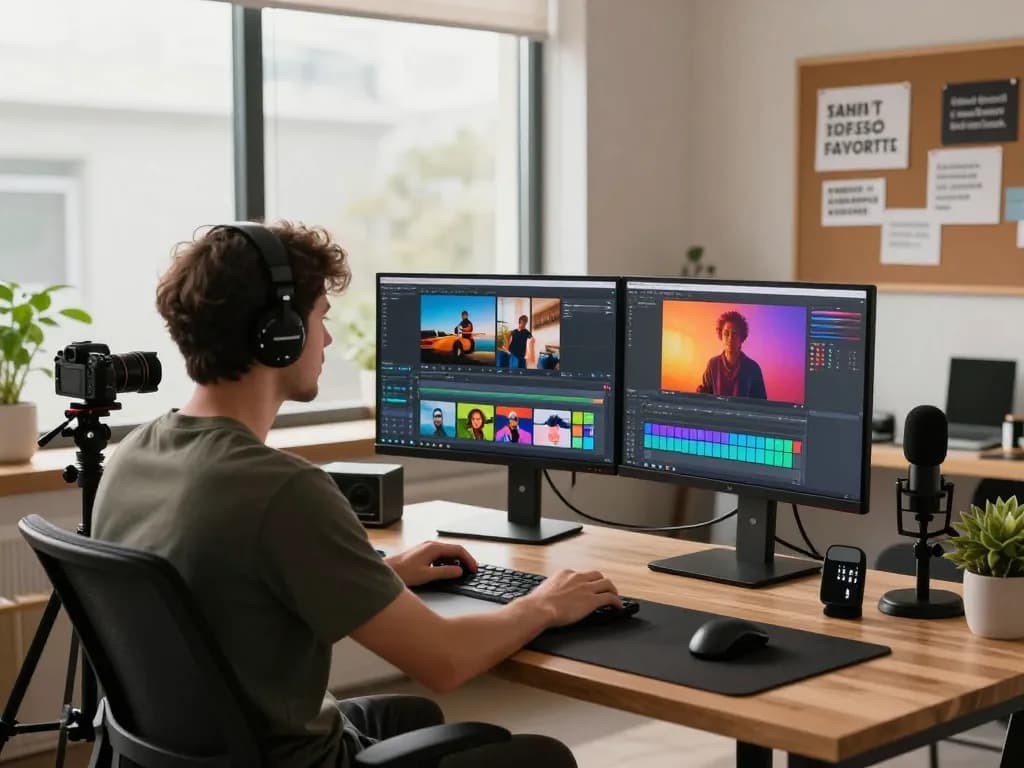 Content creator using Seedance 2.0 ai in a modern workspace with video production tools and vibrant screens.
