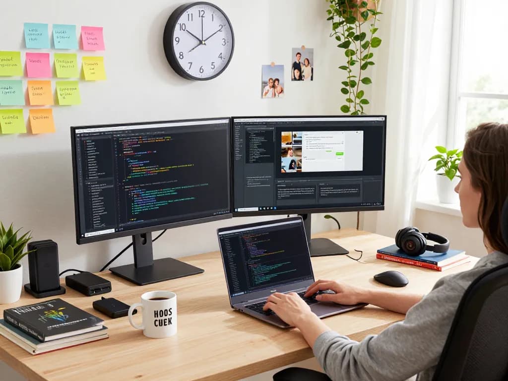 Developer coding on dual monitors in a productive home office workspace featuring clawbot integration.