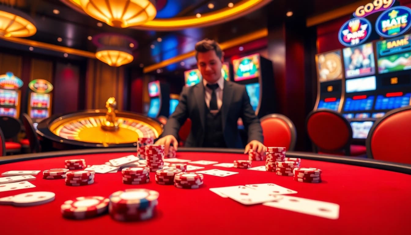 Go99 poker table scene showcasing excitement and luxury in online gambling.