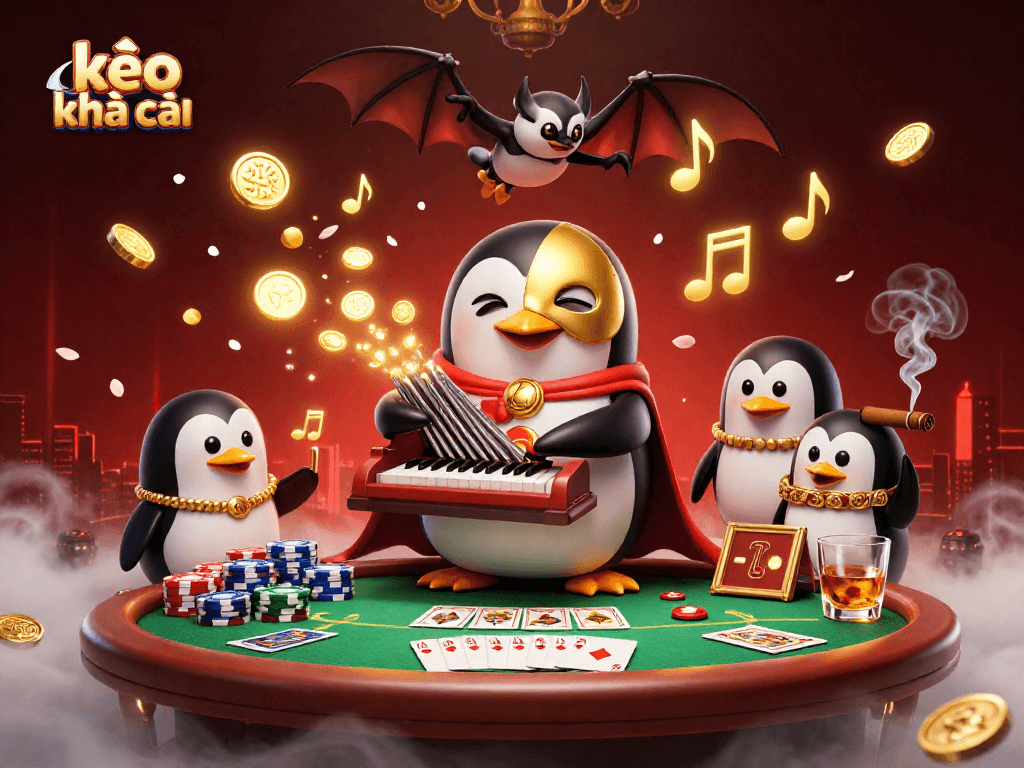 Engage with kèo nhà cái as a phantom penguin illustrates winning poker moments amidst a vibrant casino.