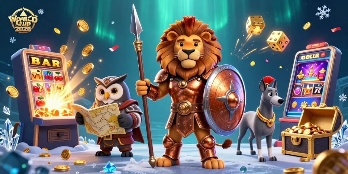 Spin a jackpot at World Cup 2026 with the Spartan lion, owl strategist, and greyhound amidst vibrant casino elements.