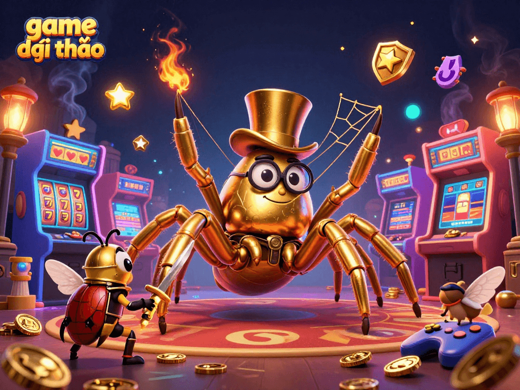 Engage in thrilling game đổi thưởng action with vibrant casino elements in a dynamic scene featuring a golden tarantula and beetle knight.