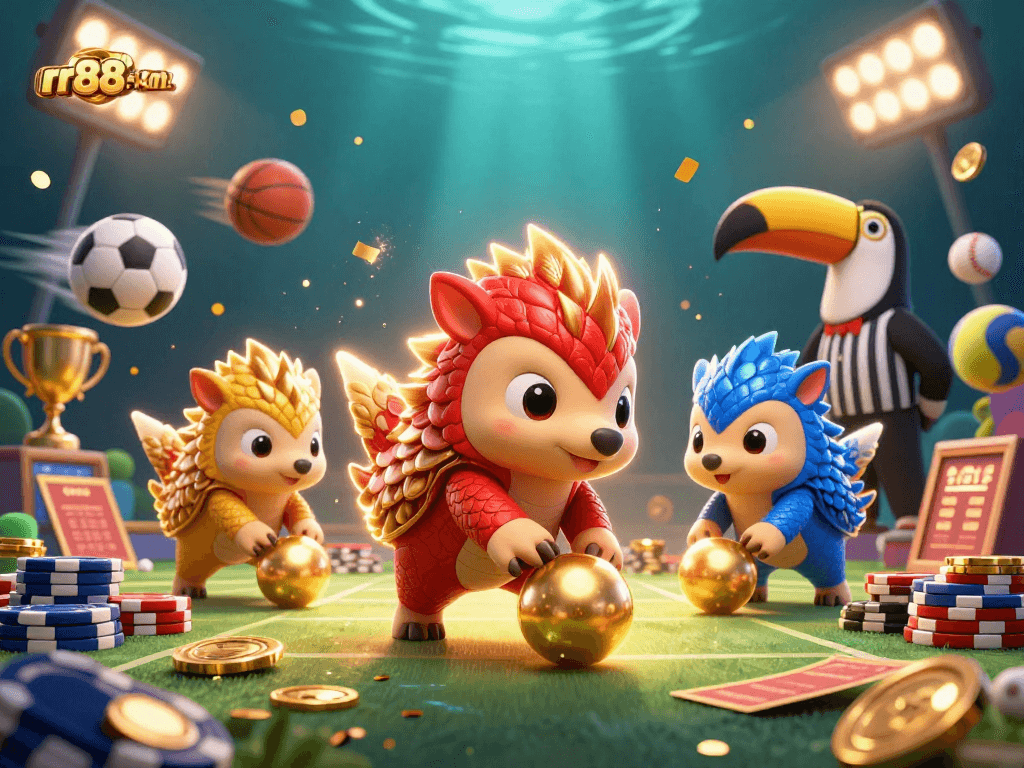 rr88-km features cartoon pangolins competing for golden chips in an exciting casino game.