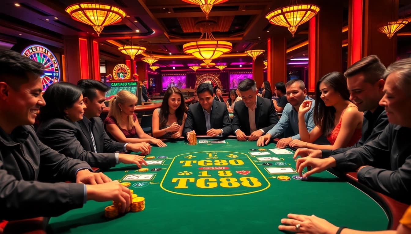 Players enjoy a thrilling TG88 gaming experience at a vibrant casino table filled with poker chips and roulette wheels.