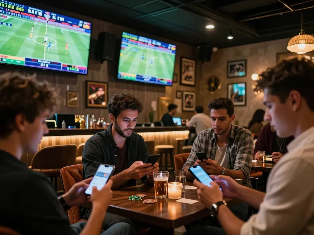 Engaged bettors at nhà cái uy tín Sunwin analyzing games and placing wagers in a lively sports betting lounge.