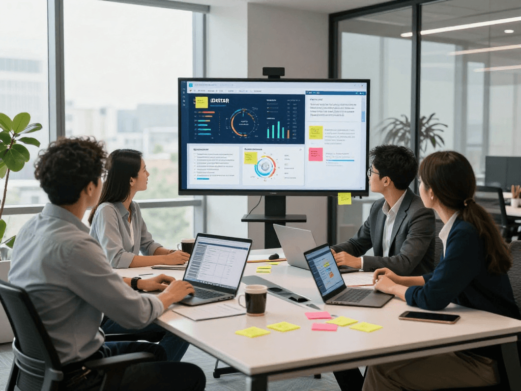 Team collaborating on IDXSTAR data insights in a modern office setting.