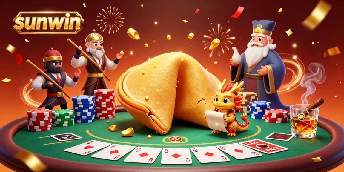 Experience the excitement of sunwin with this vibrant poker-themed illustration featuring a fortune cookie, dragon, and more.
