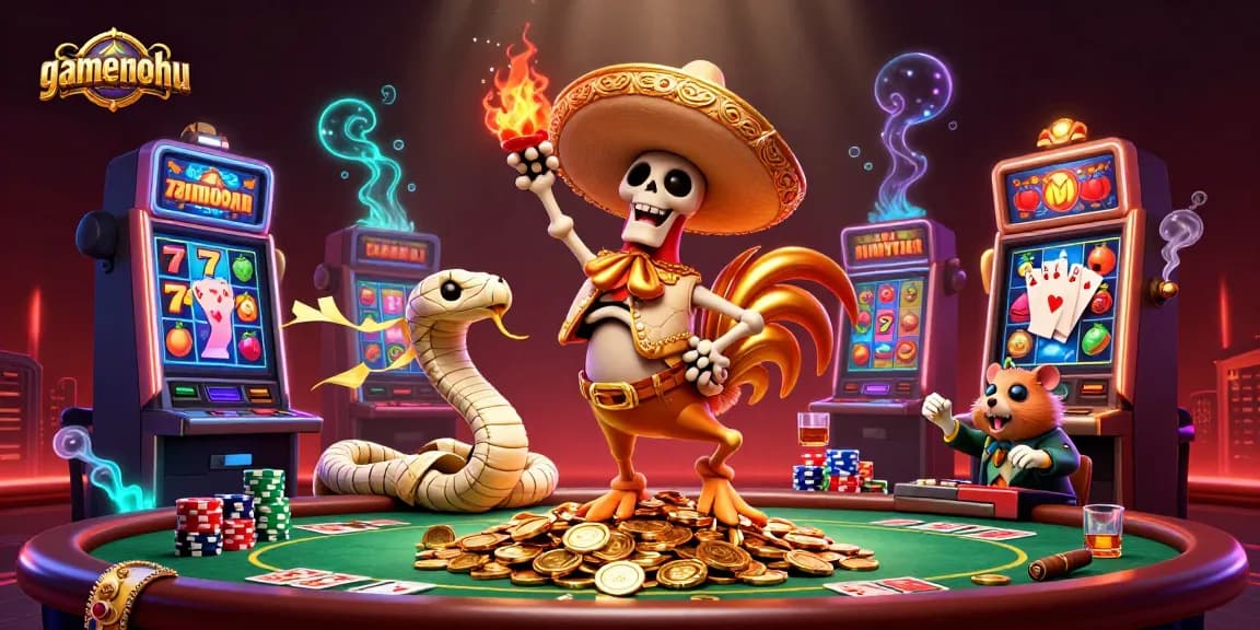 Engage with gamenohu as a lively mariachi rooster dances on gold coins amidst poker and slot elements.