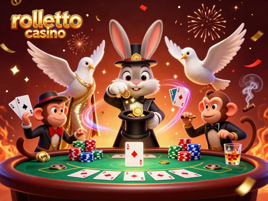 Experience the thrill of rolletto casino as a magician rabbit pulls golden coins, showcasing poker excitement.