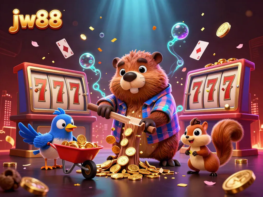 Experience the excitement of jw88 with cartoon characters enjoying a lively casino scene filled with gold coins and gaming elements.