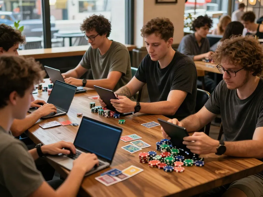 Online gaming enthusiasts at a cafe enjoying experiences at https://five88.boats/.