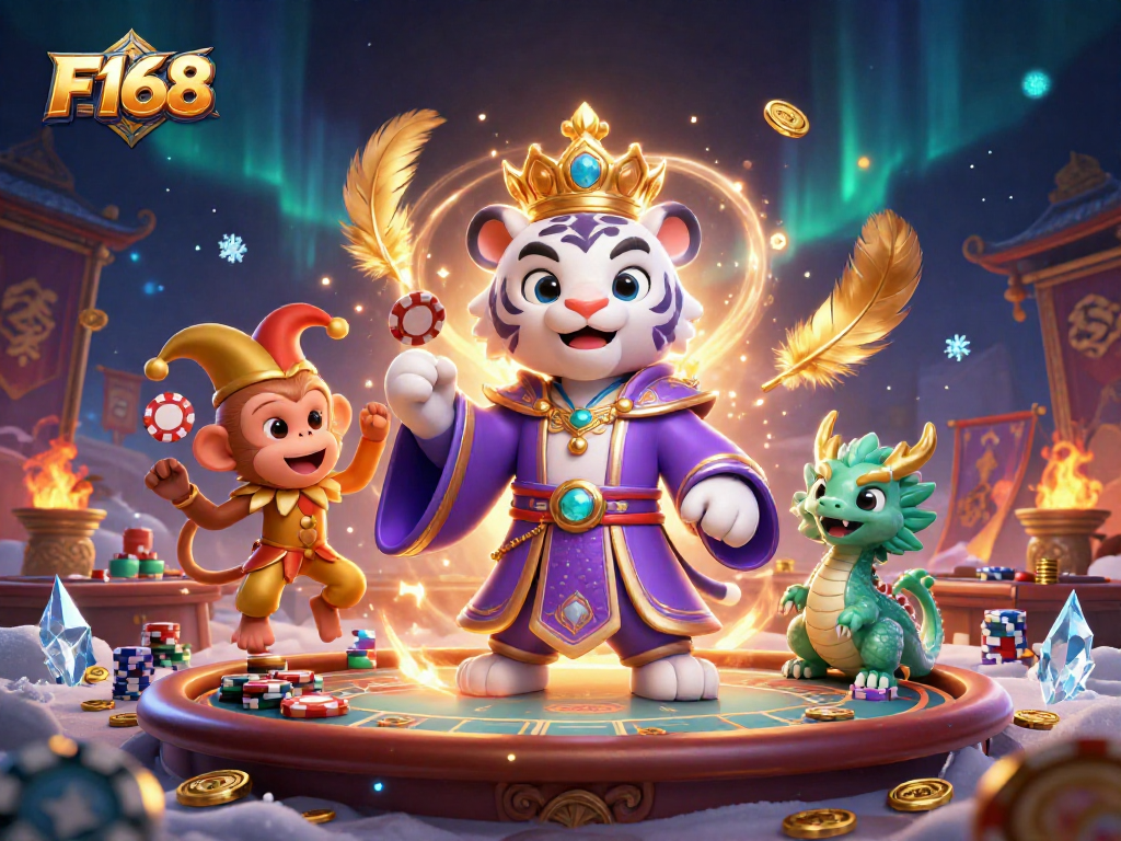 Engaging in thrilling bets at F168 with an elegant tiger and playful monkey in a dynamic casino atmosphere