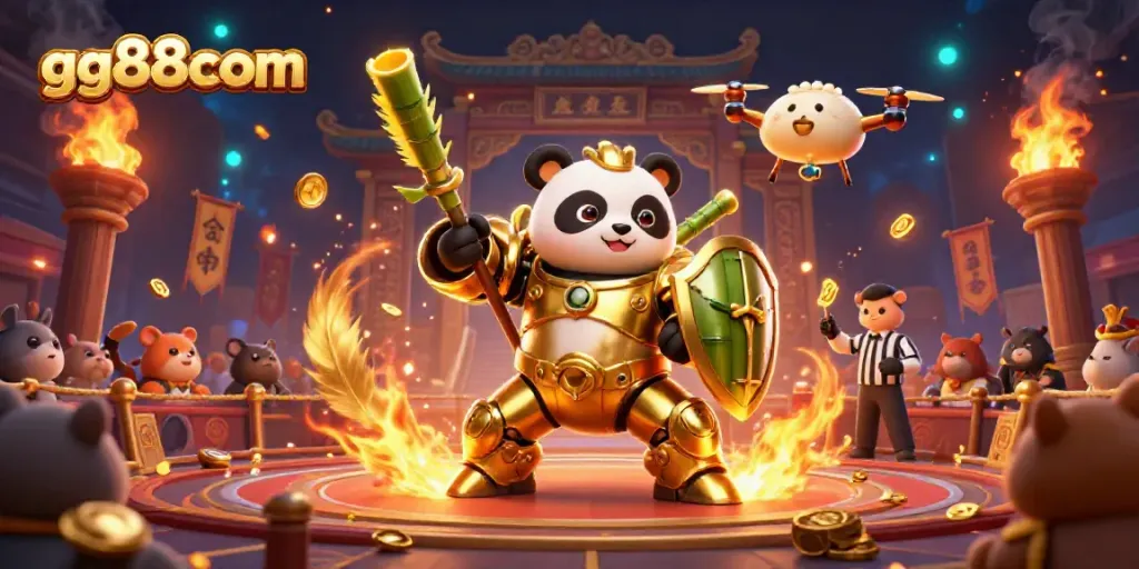 Experience thrilling gameplay at gg88com with a dynamic 3D illustration of a golden panda robot in action.