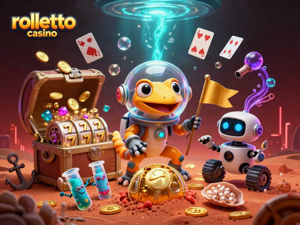 rolletto casino features a Martian gecko and robot rover amidst a vibrant gaming scene packed with slots and treasures.