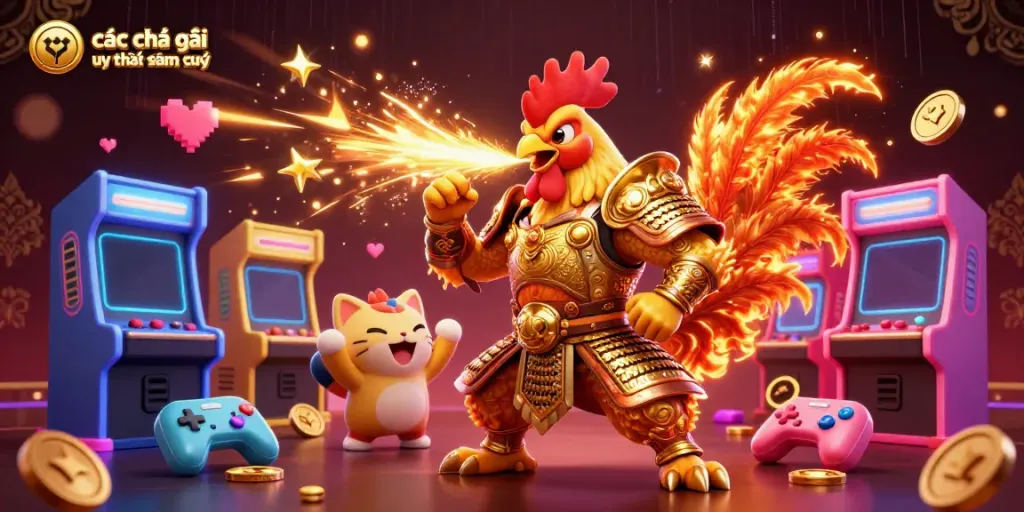 Engage with các nhà cái uy tín đáng chú ý featuring a powerful fighting rooster and a dragon amidst vibrant gaming elements.