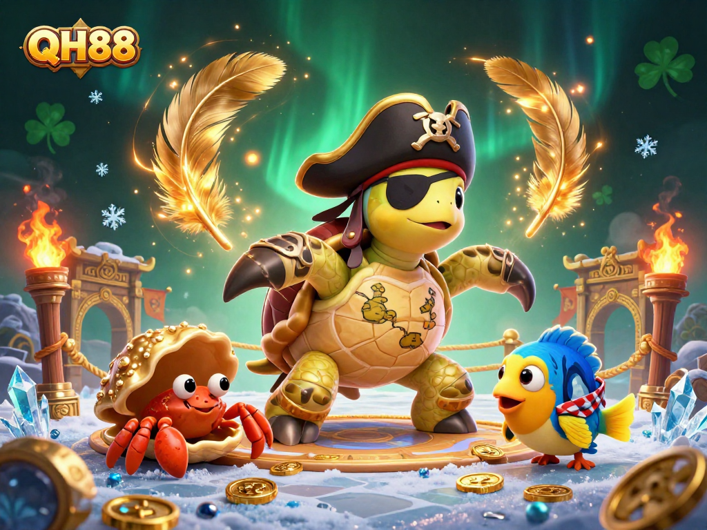 Engage with QH88's thrilling winnings in this vibrant 3D illustration of a pirate turtle and treasures.
