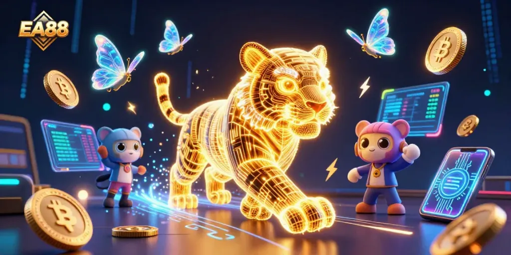 Engage in thrilling casino action with EA88's vibrant 3D digital illustration showcasing captivating gaming visuals.