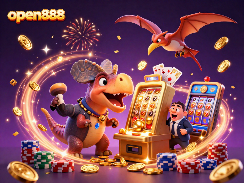 open888 showcases a 3D cartoon pachycephalosaurus interacting with a golden slot machine, capturing vibrant casino elements.