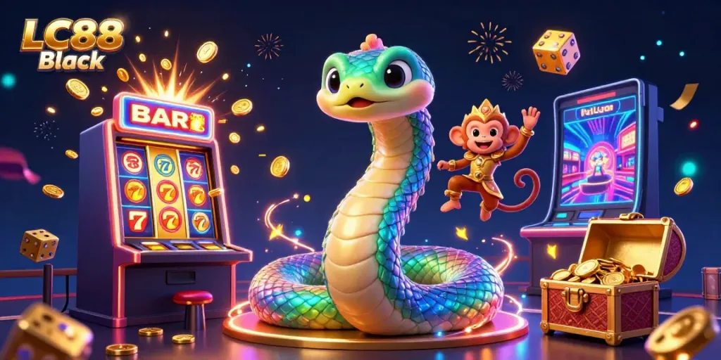 Win big with LC88 Black’s captivating 3D scene featuring vibrant characters and exciting casino elements.
