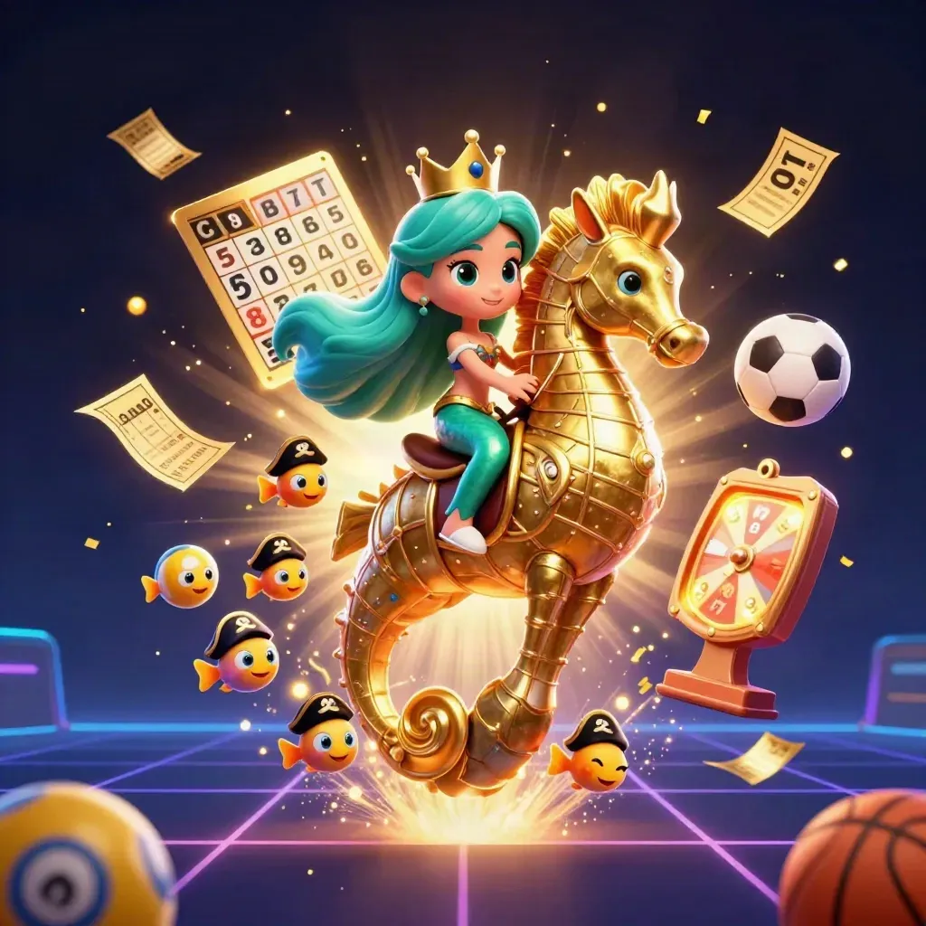Mermaid princess rides a gold-armoured seahorse as casino tokens and sports balls burst in neon light.