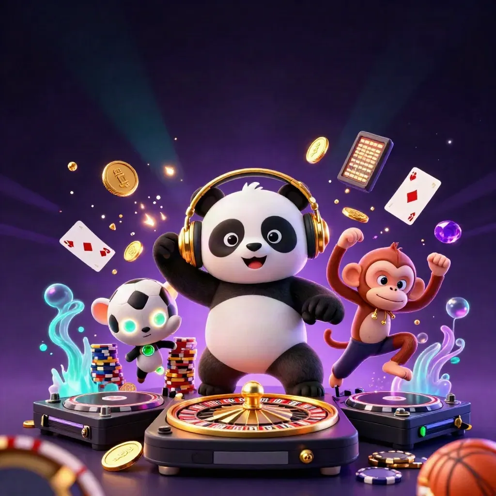Panda DJ, breakdancing monkey, and glow-stick kitten amid casino lights, coins, cards, and neon game props.