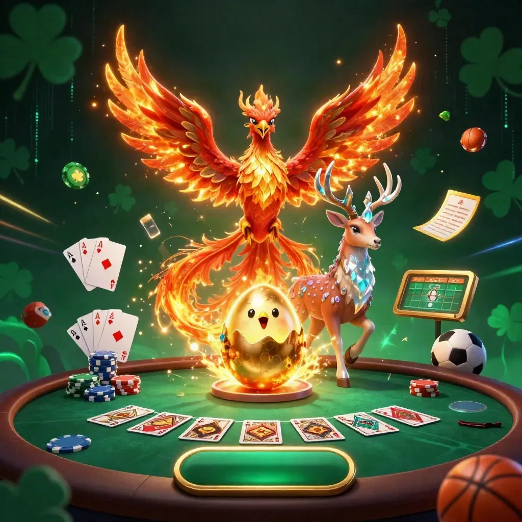 Mythic phoenix, hatching baby phoenix, crystal-antler stag, casino chips and dark emerald glow.