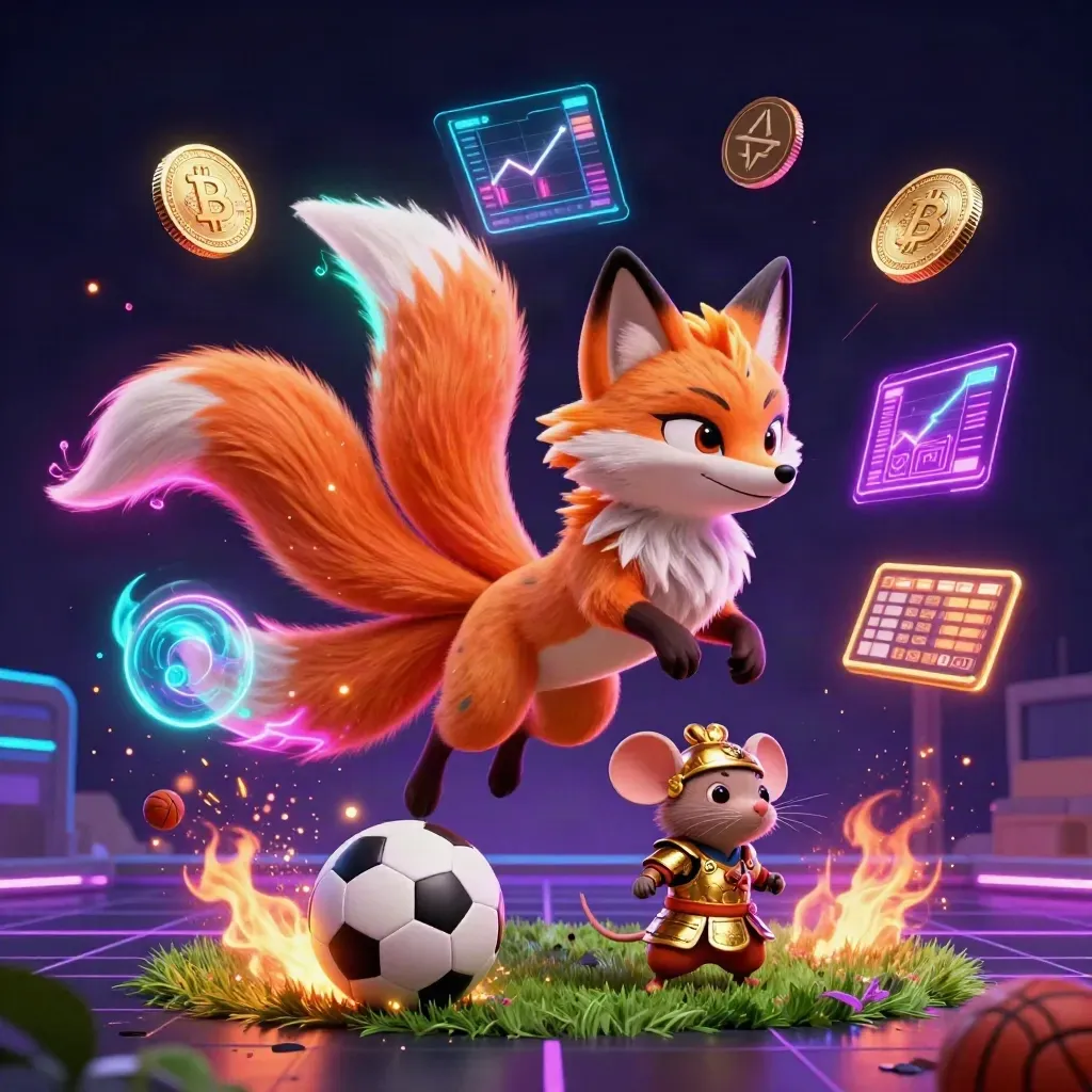 Neon fox spirit and samurai mouse with crypto coins, turf spray, and casino glow.