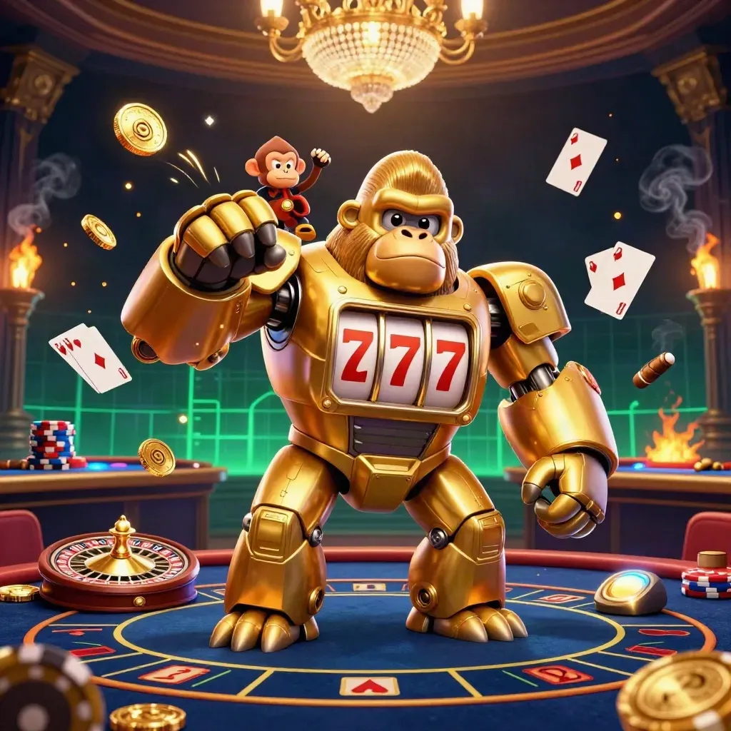 Golden gorilla slot-mech and tiny monkey in a luxe casino room, coins, cards, roulette spinning.