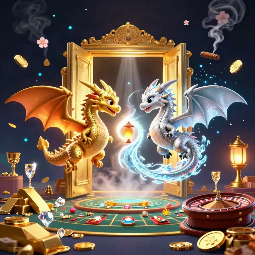Gold and silver dragons burst from a glowing vault in a jewel-toned casino room with brass, smoke, and gems.