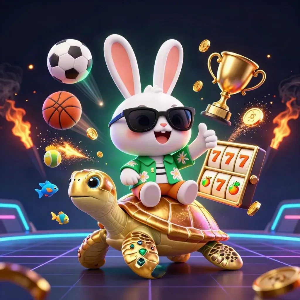 Lucky rabbit rides a golden turtle amid coins, sports balls, and neon casino glow.