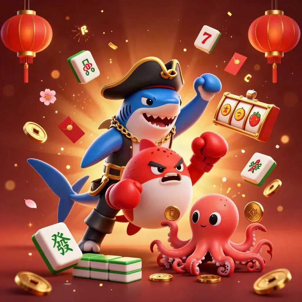 Pirate shark, boxing pufferfish, and coin-juggling octopus in a glowing casino burst.