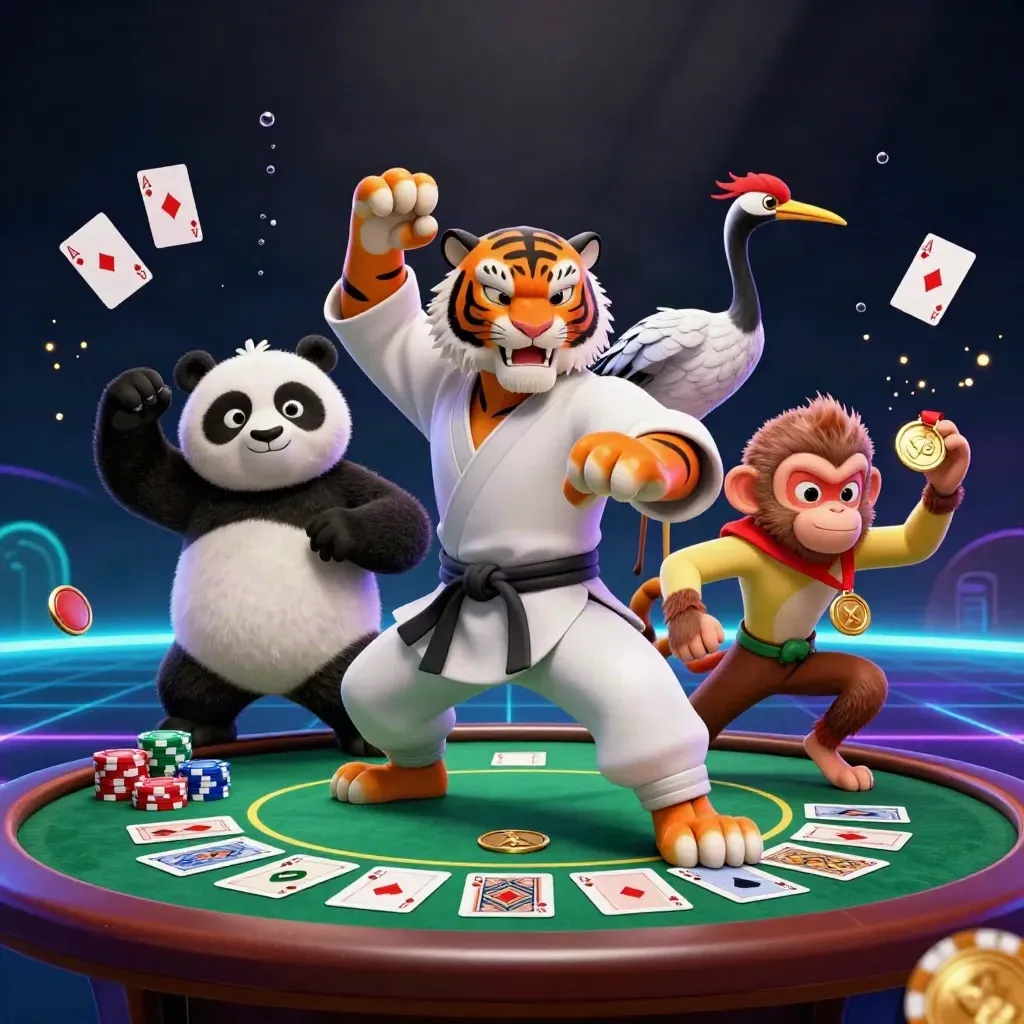 Kung-fu tiger, panda, and monkey amid casino cards, chips, and glowing underwater neon.