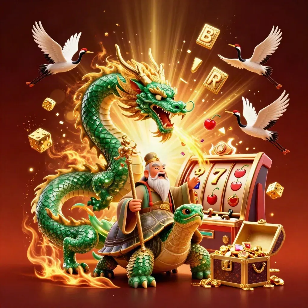 Emerald dragon, turtle sage and cranes amid casino treasure, slot chaos and golden fire.