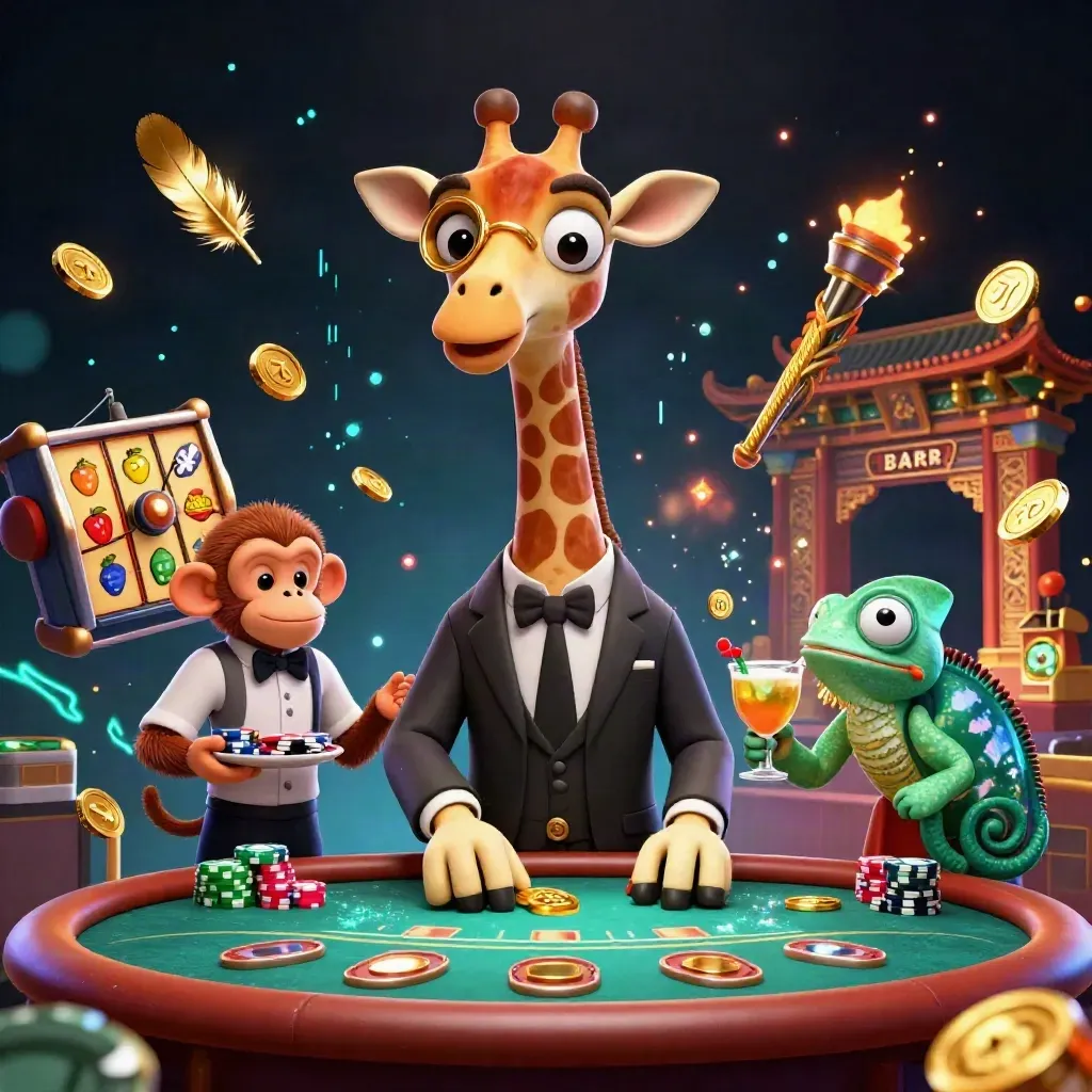 Giraffe high-roller, monkey valet, and chameleon bartender in a neon casino fantasy