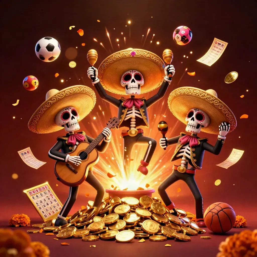Skeleton mariachi trio amid bursting gold coins, lottery balls, fireworks, and casino prizes.