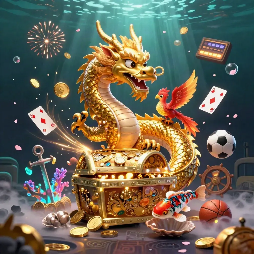 Golden dragon, phoenix, koi, and treasure burst in an underwater casino scene with coins, cards, and sports icons.