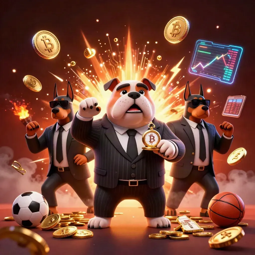 Bulldog boss and bodyguards amid exploding coins, crypto symbols, and sports props.