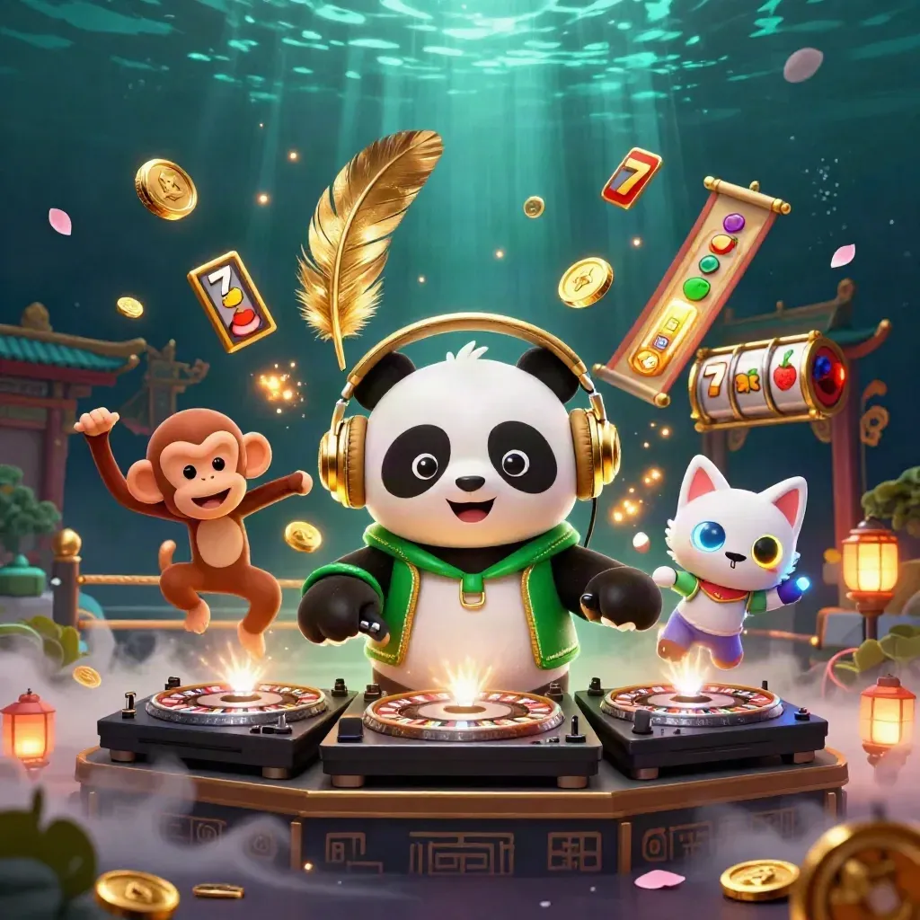 DJ panda, breakdancing monkey, and rave kitten amid roulette wheels, coins, temple gate, and neon effects.
