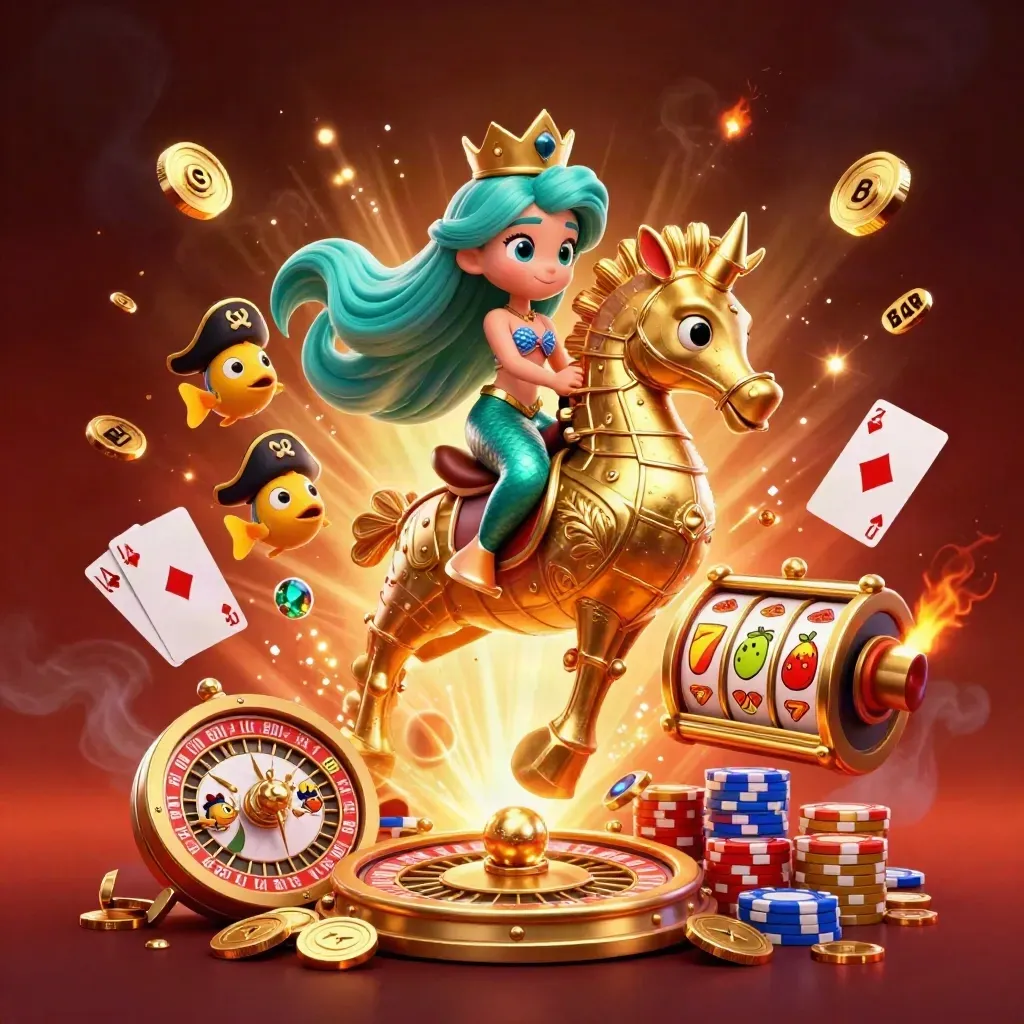 Mermaid princess on a golden seahorse with pirate fish, coins, chips, cards, and a spinning roulette wheel.