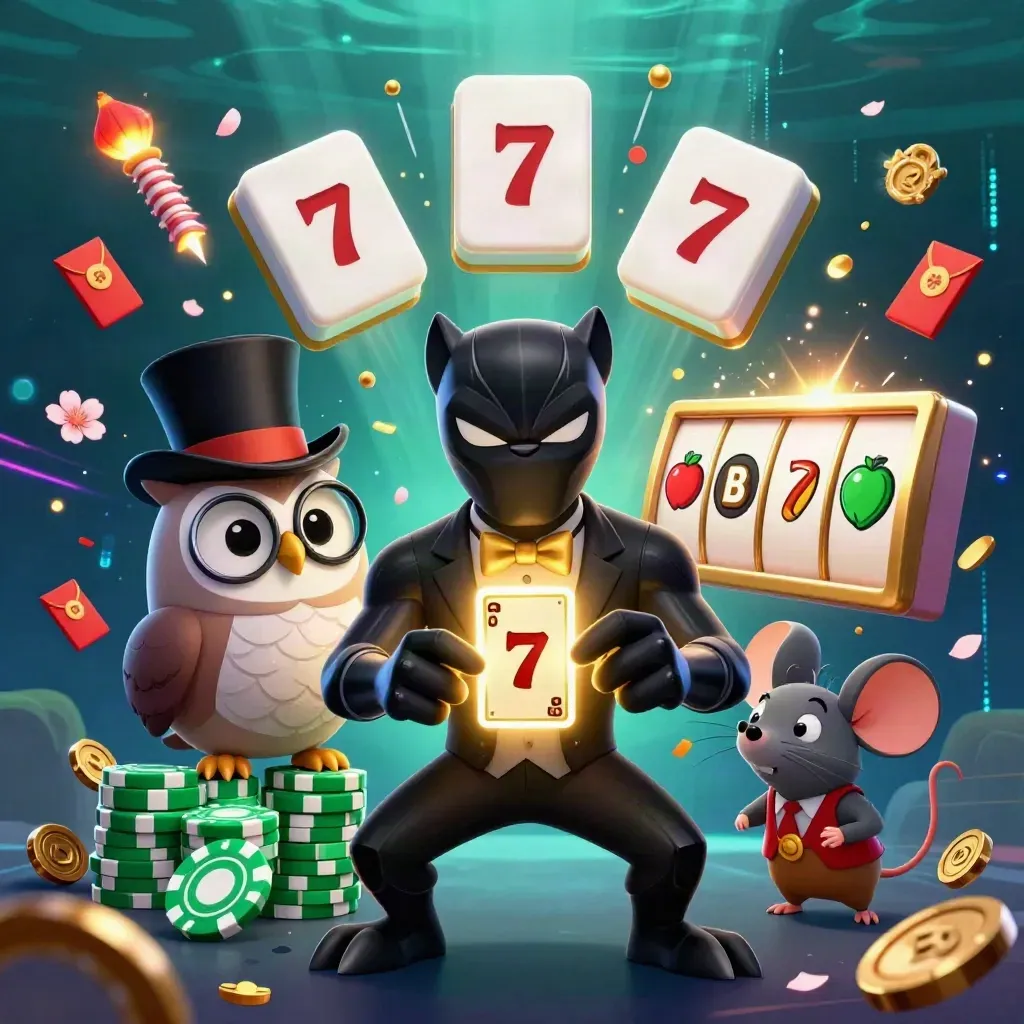 Panther, owl and mouse in casino finery amid glowing reels, coins and lanterns underwater